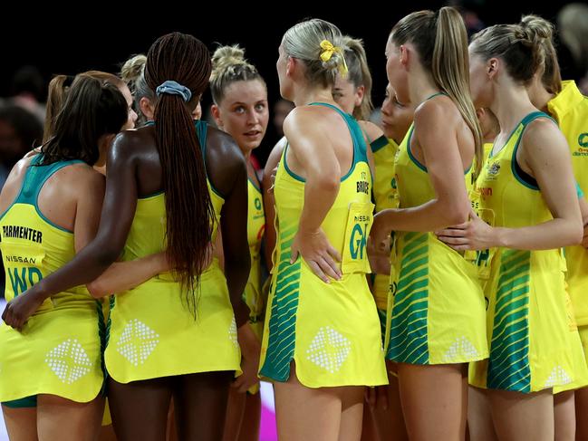 AUCKLAND, NEW ZEALAND - OCTOBER 12: The Australian Diamonds regroup during the Constellation Cup netball match between New Zealand and Australia at Spark Arena on October 12, 2022 in Auckland, New Zealand. (Photo by Phil Walter/Getty Images)