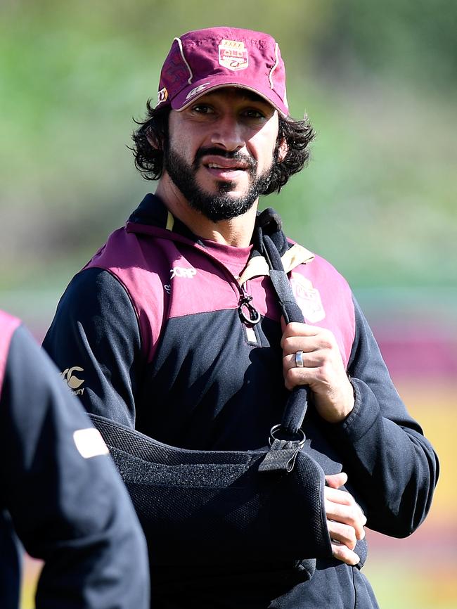 At Maroons training on Sunday. Pictures: Ryan Pierse/Getty Images; Bradley Kanaris/Getty