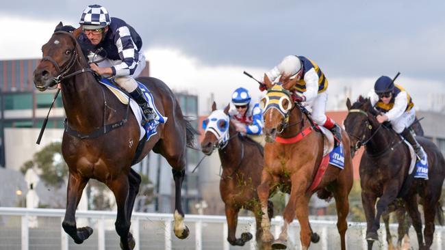 Russian Camelot ridden by Damien Oliver wins the Hyland Race Colours Underwood Stakes at Caulfield Racecourse. Picture: Reg Ryan/Racing Photos via Getty Images