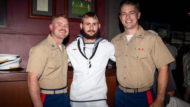 Cory Morgan, Deacon Richards and Jack Mendillo as ADF personnel crowd into Darwin pubs to celebrate Anzac Day. Picture: Pema Tamang Pakhrin