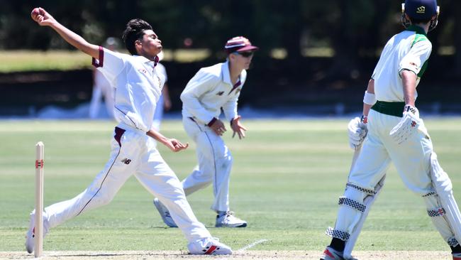 St Peters Lutheran College bowler Ashish Neredumilli in action last season. Picture, John Gass