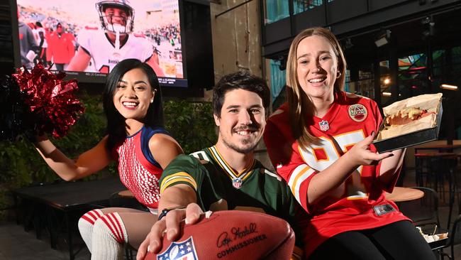 Adelaide’s biggest Superbowl party will be held at The District at SkyCity on Monday, February 8. Cheerleader Chymz Angeles, Zach Stewart and Renee Carr. Picture: Keryn Stevens