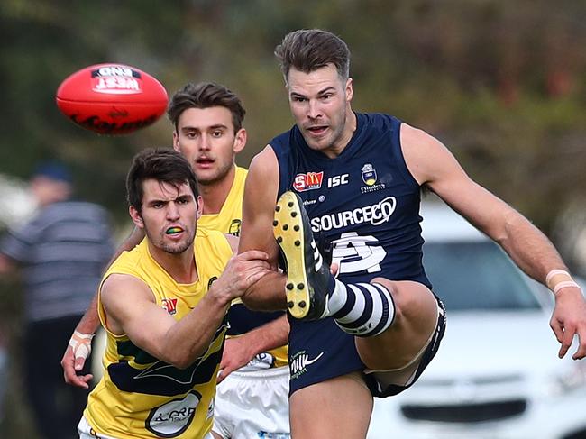 26.5.2018.SANFL: South Adelaide v Eagles at Noarlunga Oval.South's Keegan Brooksby gets a kick away.  PIC:TAIT SCHMAAL.