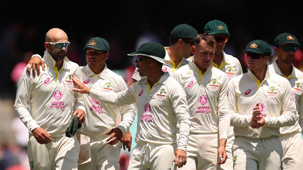 Nathan Lyon is congratulated by teammates after dismissing Kagiso Rabada. Picture: Getty