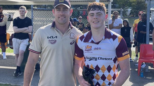 Man of the match, Mabel's Isaac Matthews with NRL 300 gamer Andrew McCullough.