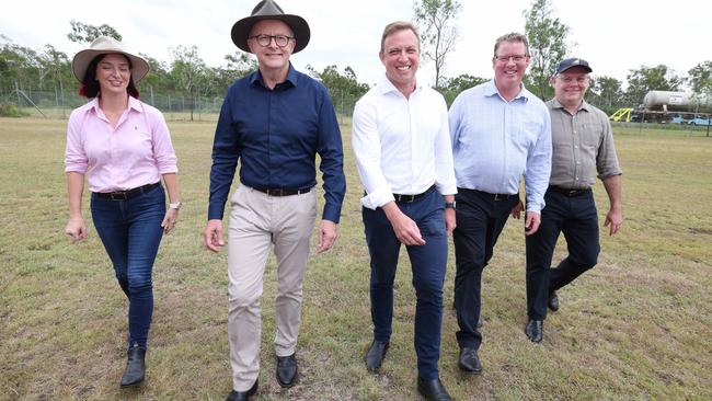 Anthony Albanese is flanked by Queensland Labor’s Brittney Lauga, Stephen Miles, Barry O’Rourke and Murray Watt in Rockhampton on Wednesday. Picture: Annette Dew / NCA Newswire