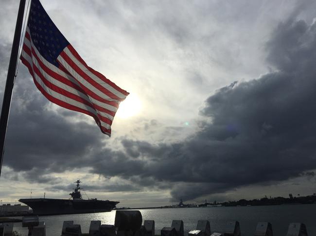 A view of Pearl Harbor from the World War II memorial in Honolulu, Hawaii on Wednesday, Dec 7, 2016. Pearl Harbor has commemorated the 75th anniversary of its bombing by Japan. (AAP Image/Michael Wayne) NO ARCHIVING