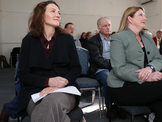 Mayo by-election Liberal candidate Georgina Downer and Centre Alliance candidate Rebekha Sharkie at a community forum in Stirling. Photo: Calum Robertson