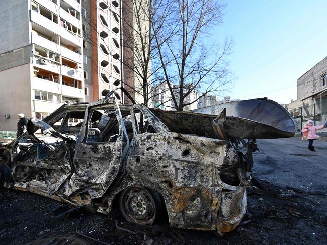 A car destroyed by recent shelling on the outskirts of Kyiv. Picture: AFP