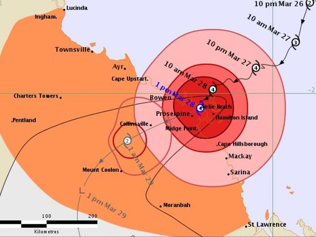 Tropical cyclone forecast track map for Severe Tropical Cyclone Debbie issues by Bureau of Meteorology 1pm AEST. Picture: Bureau of Meteorology