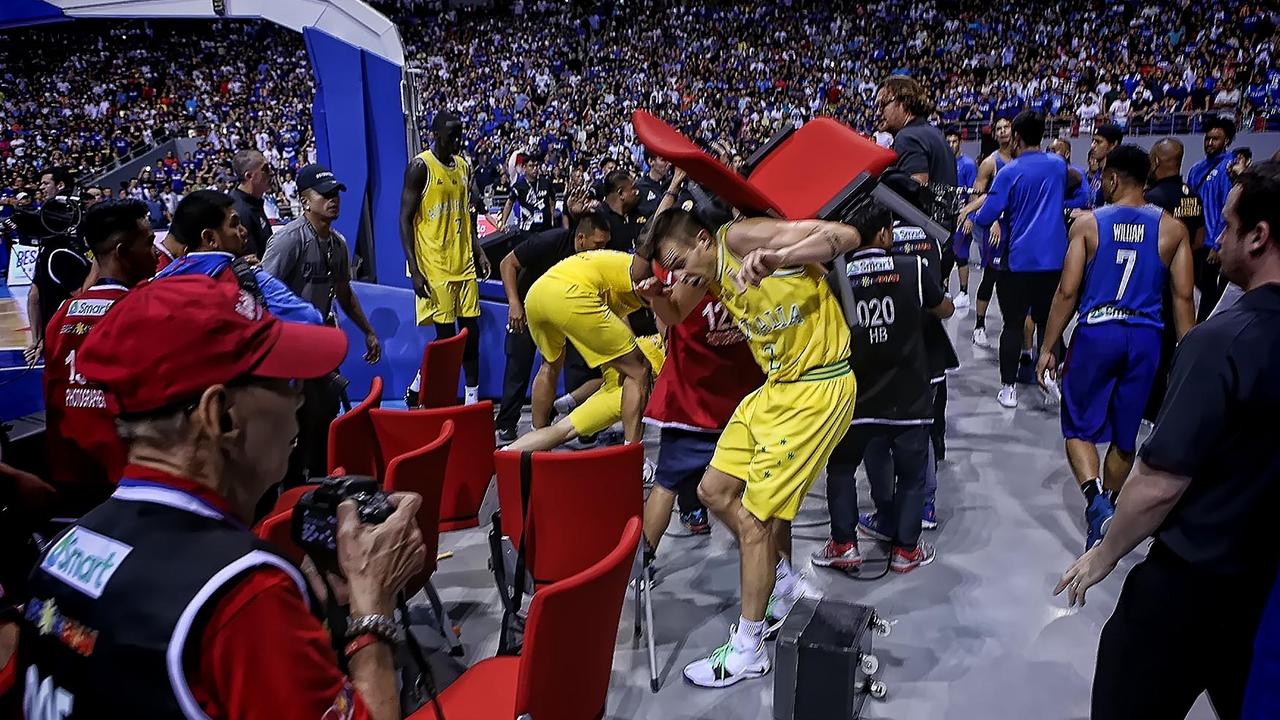 Boomer Nathan Sobey cops a chair to the back of the head before he was hit in sickening scenes.