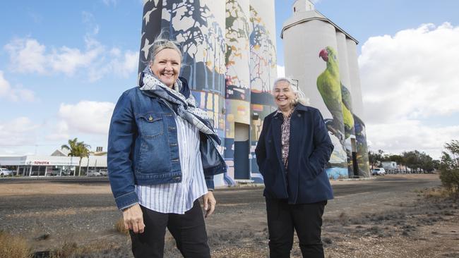 Project managers Liz Frankel and Penny Smith at the newly completed Waikerie Silos. Picture: Simon Cross