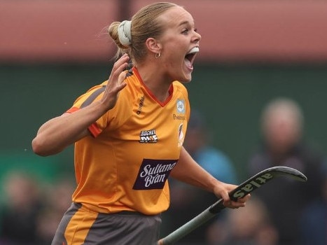 Tatum Stewart celebrates a goal for the Brisbane Blaze celebrates before it was disallowed during the Hockey One League Women's semi-final against Hockey Club Melbourne