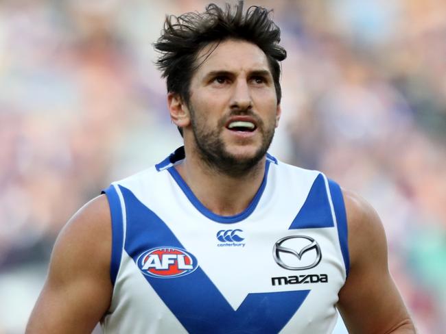 Jarrad Waite of the Kangaroos reacts during the Round 10 AFL match between the Fremantle Dockers and the North Melbourne Kangaroos at Optus Stadium in Perth, Sunday, May 27, 2018. (AAP Image/Richard Wainwright) NO ARCHIVING, EDITORIAL USE ONLY