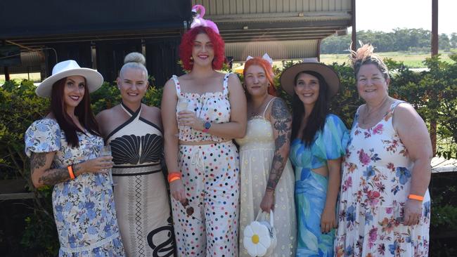 Bec Edwards, Marie Oram, Lori McGahan, Prue McGahan, Ellen Kime and Kate White at the Yeppoon race day at Keppel Park racecourse on April 26, 2025.