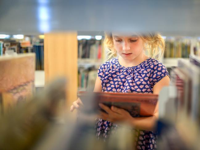 Little girl at a bookstore or library selects a book, we see her through the stacks, reading a book. Elementary age cutie with pigtails, maybe in the school library