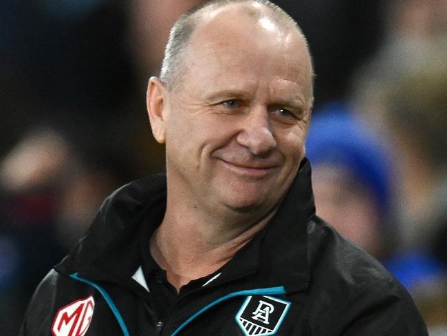 MELBOURNE, AUSTRALIA - JUNE 09: Power head coach Ken Hinkley smiles after winning the round 13 AFL match between Western Bulldogs and Port Adelaide Power at Marvel Stadium, on June 09, 2023, in Melbourne, Australia. (Photo by Quinn Rooney/Getty Images)