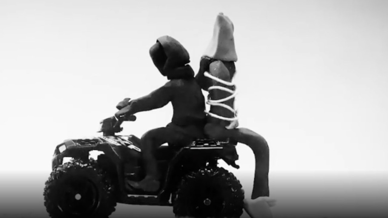 A claymation Davidson is tied up by West in the Eazy music video.