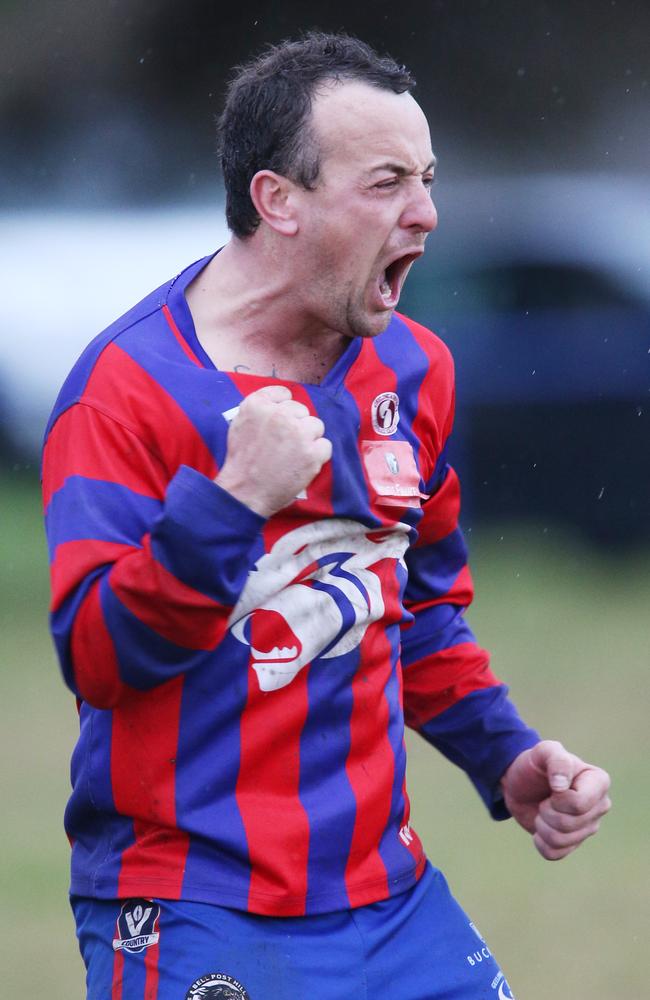 Football GDFL: East Geelong v Bell Post Hill.Bell Post Hill 15 Nick Costello kicks a goal and celebrates Picture: Mark Wilson