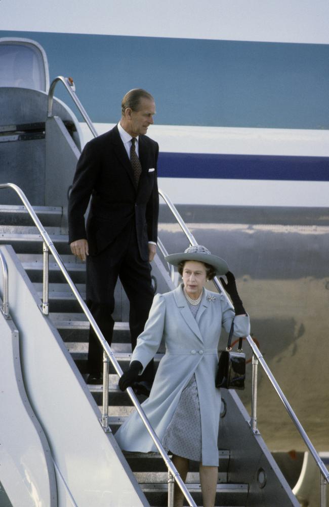 Queen Elizabeth ll and Prince Philip, Duke of Edinburgh arrive by aeroplane for a visit to New Zealand in October 1981 in Wellington, New Zealand. Picture: Getty