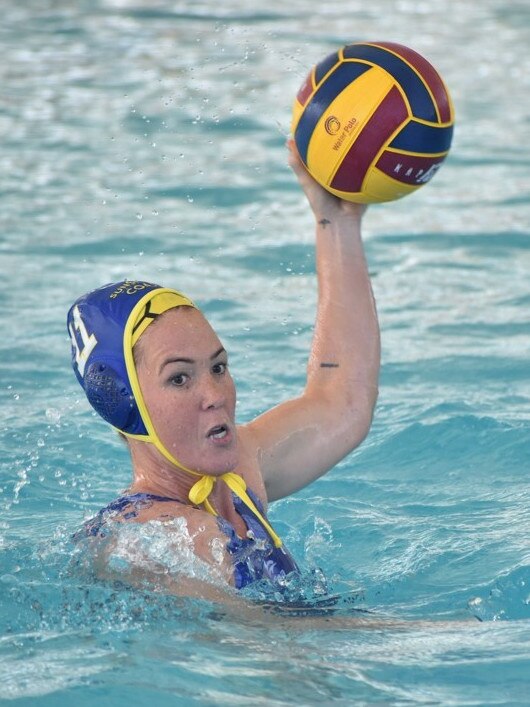 Water Polo Queensland Country Championships, 2nd World War Memorial Aquatic Centre, Rockhampton, February 18, 2023. Women, Gold Coast versus Sunshine Coast. Sunshine Coast player Petra Kovacs.
