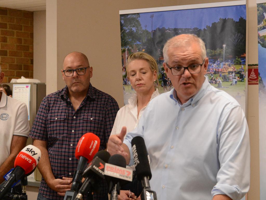 Lismore Mayor Steve Krieg, National Recovery and Resilience Minister Bridget Mckenzie and Prime Minister Scott Morrison in Lismore City Council Chambers on Wednesday. Picture: Nicholas Rupolo