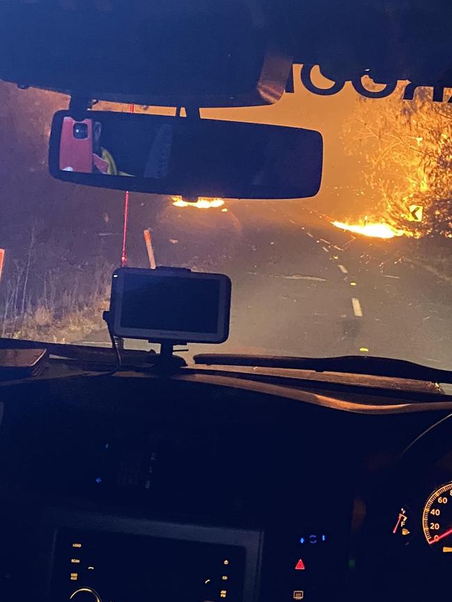 View from a fire truck as the blaze roars. Picture: Lilydale CFA Fire Brigade