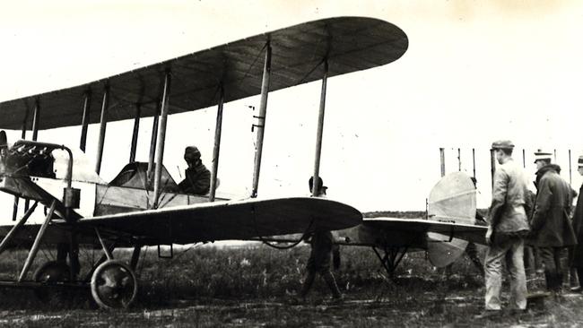 Lieutenant Richard Williams in the cockpit of a BE2A aircraft when he was a trainee pilot at Point Cook in 1914.