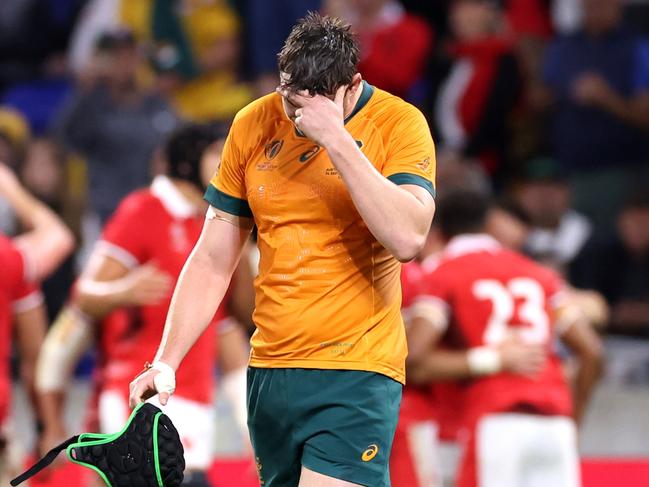 LYON, FRANCE - SEPTEMBER 24: Nick Frost of Australia looks dejected at full-time following the Rugby World Cup France 2023 match between Wales and Australia at Parc Olympique on September 24, 2023 in Lyon, France. (Photo by Alex Livesey/Getty Images)