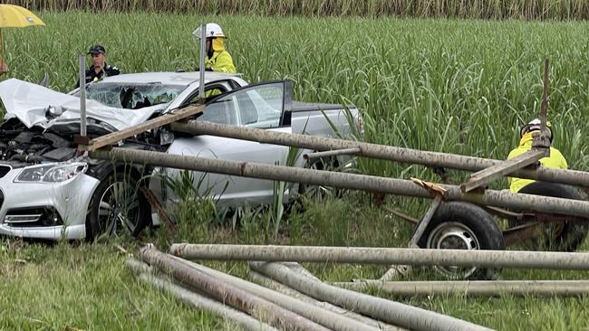 A car has crashed into irrigation equipment in a cane field in Farleigh, seriously injuring the driver. Photo: Zoe Devenport