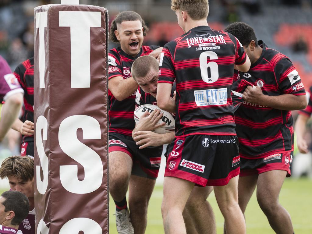 Valleys players celebrate a try by Kael Tremain (centre) against Dalby. Picture: Kevin Farmer.