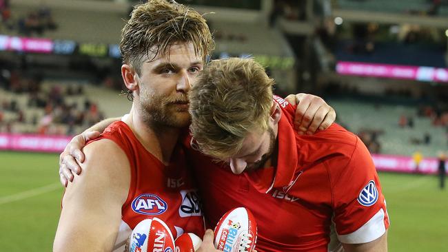 Dane Rampe with Johnson after the game. Pic: Michael Klein