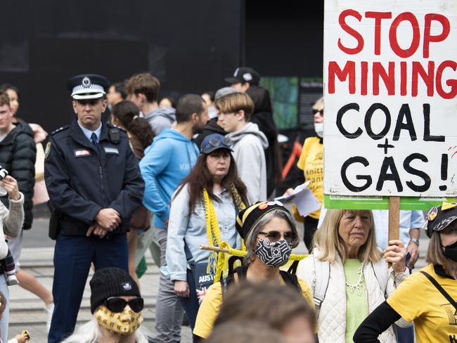 Sydney, Australia, NewsWire, Sunday, 7 August 2022.Climate protest at Town Hall. Thirty environment, union and community groups, calling for an immediate stop to the huge expansion of fossil fuel mining planned across Australia. The rally demanding First Nations justice, 100% publicly owned renewable energy by 2030, an end to anti-protest laws and the logging of native forests. Picture: NewsWire / Monique Harmer