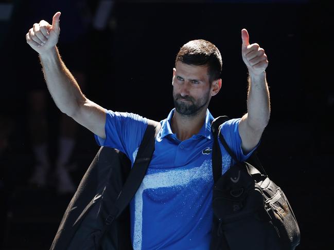 NCA. MELBOURNE, AUSTRALIA. 23rd January 2025.   Day 13 . Australian Open Tennis at Melbourne Park. Novak Djokovic vs Alexander Zverev on Rod Laver Arena .    Novak Djokovic leaves the court after he retired hurt after the 1st set  .  Picture: Michael Klein