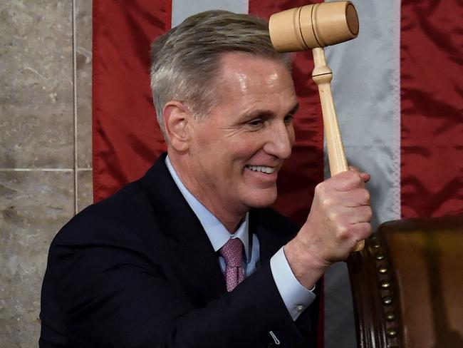 Newly elected Speaker of the US House of Representatives Kevin McCarthy holds the gavel after he was elected on the 15th ballot at the US Capitol in Washington, DC, on January 7, 2023. - Kevin McCarthy's election to his dream job of speaker of the US House of Representatives was secured through a mix of bombproof ambition, a talent for cutting deals and a proven track record of getting Republicans what they need. He only won election as speaker after they forced him to endure 15 rounds of voting -- a torrid spectacle unseen in the US Capitol since 1859. (Photo by OLIVIER DOULIERY / AFP)