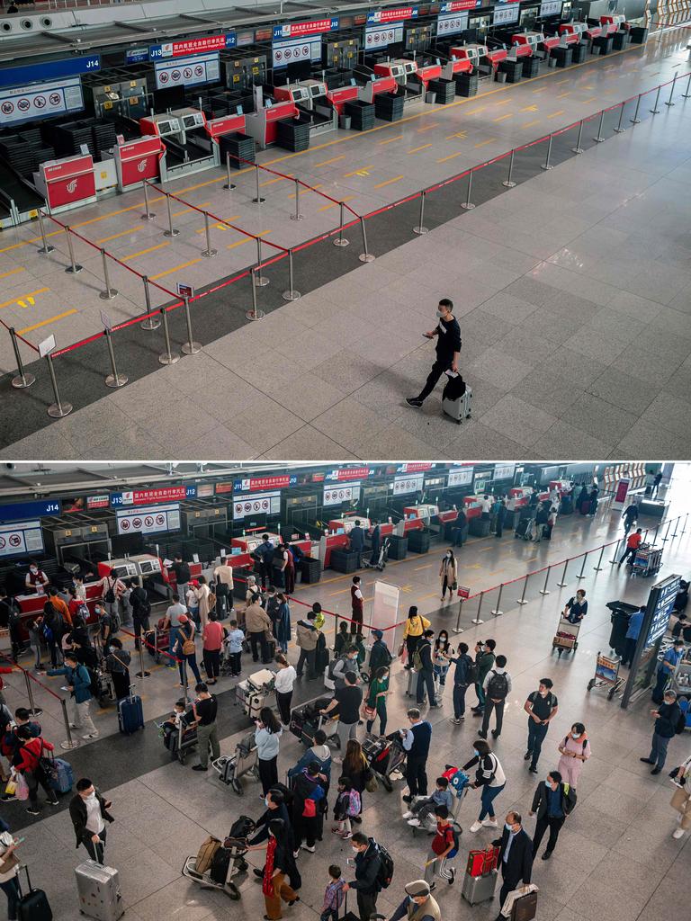 Action at Beijing’s Capital International Airport on April 13 (top) compared to September 30. Picture: Nicolas Asfouri/AFP