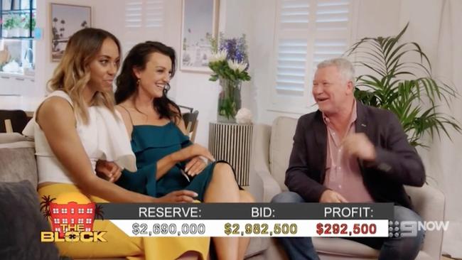 Bianca Chatfield and Carla Dziwoki with Scott Cam during the auction. Picture: The Block/Nine Network