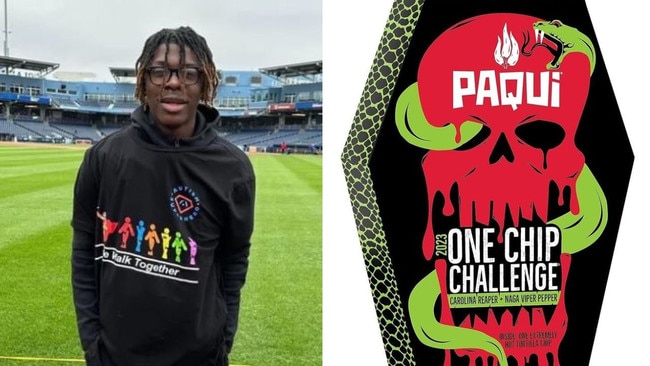 The One Chip Challenge: eating an extremely spicy chip coated with peppers like the Carolina Reaper, causing severe stomach pain, vomiting, and in rare cases, cardiac arrest, as seen in the 2023 death of 14-year-old Harris Wolobah. Chip brand Paqui faced significant backlash for promoting the product. Picture: GoFundMe