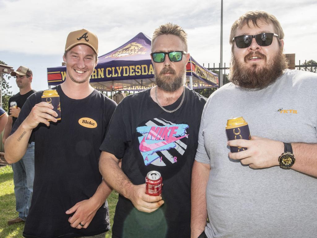 (from left) Josh Peters, Ash Thorogood and Jarred Thorogood. Western Clydesdales vs Canterbury-Bankstown Bulldogs rugby league trial.Saturday, February 4, 2023. Picture: Nev Madsen.