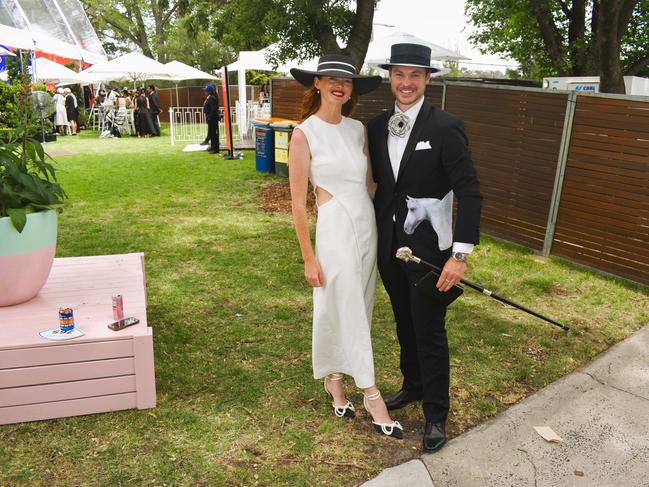 Guests in striking racewear at Penfolds Derby Day at the Flemington Racecourse on Saturday, November 02, 2024: