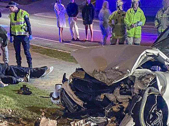 Scene of a serious traffic crash in the early hours of Sunday morning.  A holden Commodore travelling west ion William Boulevard at Pimpama when it mounted a roundabout and went flying into a wall.Picture: Supplied