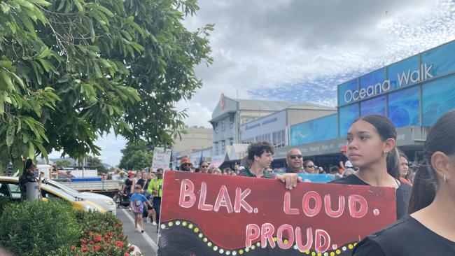 NAIDOC Week in Cairns kicked off with a street march on July 5 with chants of “loud and proud, black and strong, fire burns, all day long”. Picture: Bronwyn Farr