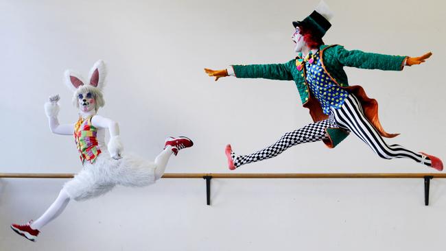 The White Rabbit is the only one who has an excuse for being late at a show. Teri Crilly as The White Rabbit and Blair Wood as the Mad Hatter in The Australian Ballet’s production of Alice’s Adventures in Wonderland which played in Brisbane last year. Picture: Jeff Camden