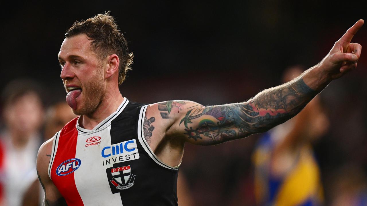 MELBOURNE, AUSTRALIA – JULY 20: Tim Membrey of the Saints celebrates a goal during the round 19 AFL match between St Kilda Saints and West Coast Eagles at Marvel Stadium, on July 20, 2024, in Melbourne, Australia. (Photo by Morgan Hancock/Getty Images)