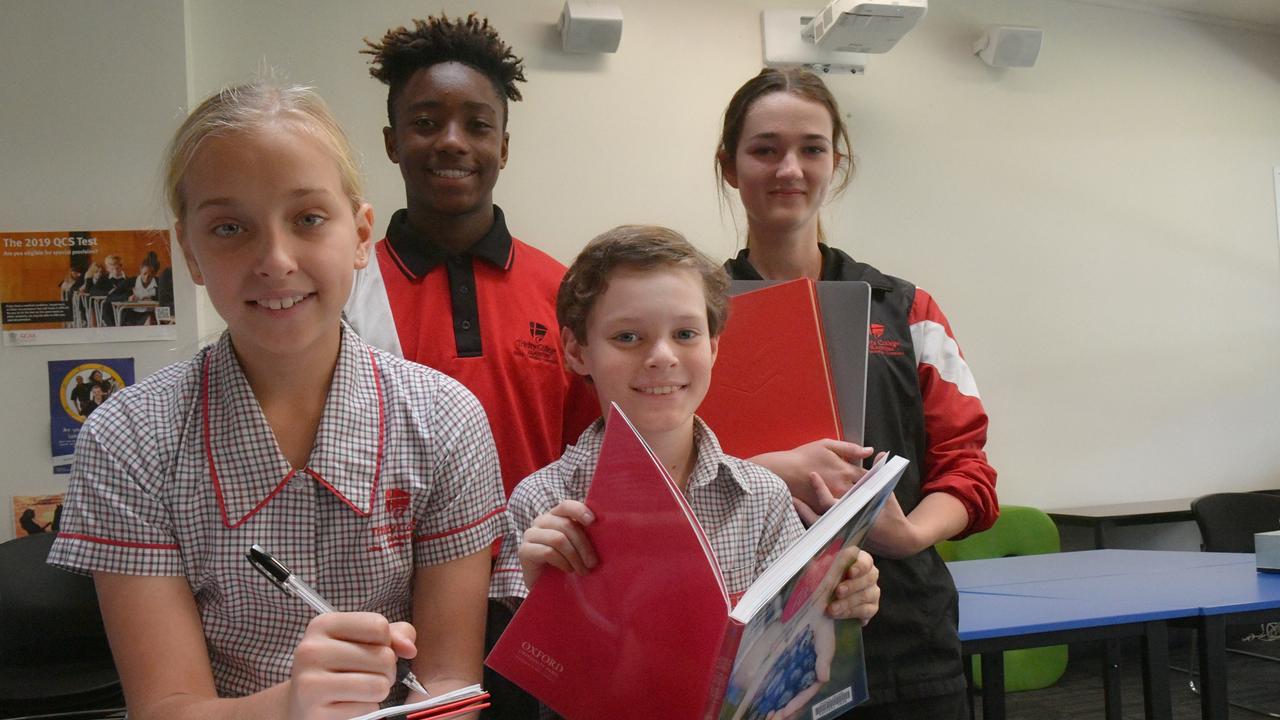 Shalom Mangweza and Georgia Kurtz (front) Lize Kolesky and Timothy Ellis are part of the growing cohort at Trinity College Gladstone.