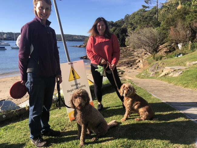 Ondy Chilcott (left), of Fairlight, with Bonnie and Laura Manchester, of Balgowlah, with Coco, at Forty Baskets Beach, at Balgowlah Heights. They are worried about their pets eating poisoned baits. Picture: Jim O'Rourke