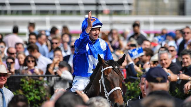 Hugh Bowman returns to scale after the Turnbull. Picture: Jason Edwards