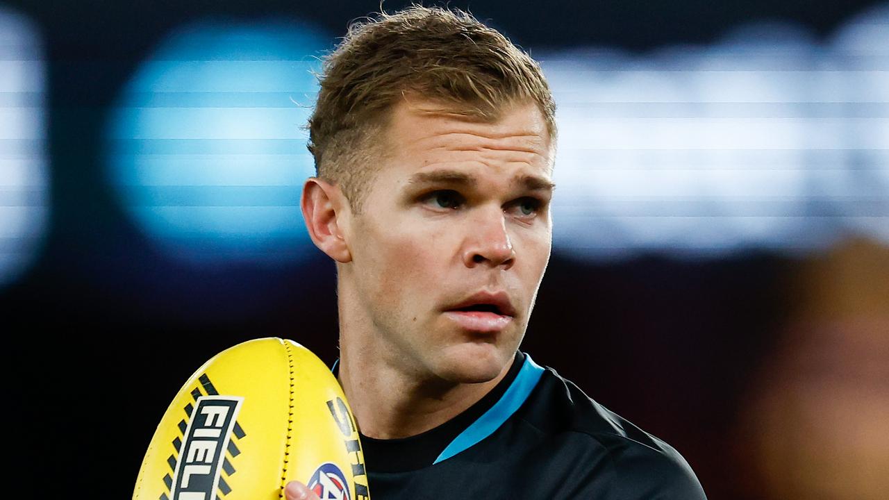 MELBOURNE, AUSTRALIA - JULY 26: Dan Houston of the Power warms up during the 2024 AFL Round 20 match between the Carlton Blues and the Port Adelaide Power at Marvel Stadium on July 26, 2024 in Melbourne, Australia. (Photo by Michael Willson/AFL Photos via Getty Images)