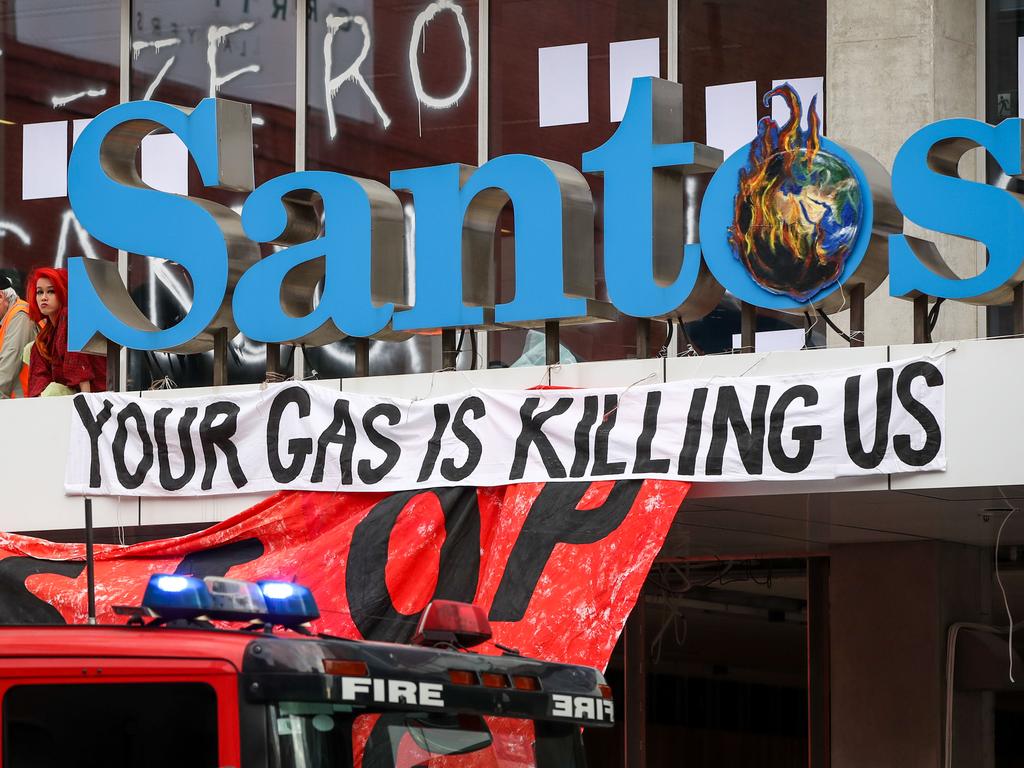 Protesters at Santos headquarters, 60 Flinders Street on March 10, 2020 in Adelaide. Picture Matt Turner.