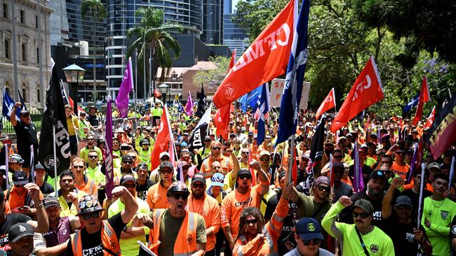 CFMEU workers protesting outside Brisbane’s Parliament House